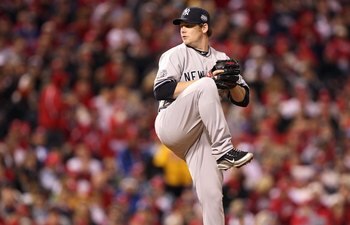 PHILADELPHIA - NOVEMBER 02:  Phil Coke #48 of the New York Yankees throws a pitch against the Philadelphia Phillies in Game Five of the 2009 MLB World Series at Citizens Bank Park on November 2, 2009 in Philadelphia, Pennsylvania. The Phillies won 8-6.  (