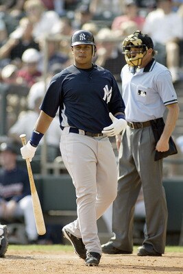 ORLANDO, FL - MARCH 8: Jose Tabata #92 of the New York Yankees walks at the plate during a Spring Training game against the Atlanta Braves on March 8, 2007 at The Ballpark at Disney's Wide World of Sports Complex in Kissimmee, Florida. The Yankees won 5-3