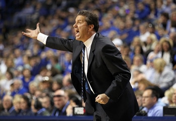 LEXINGTON, KY - JANUARY 29:  John Calipari the Head Coach of the Kentucky Wildcats gives instructions to his team during the SEC game against the Georgia Bulldogs at Rupp Arena on January 29, 2011 in Lexington, Kentucky. Kentucky won 66-60.  (Photo by And