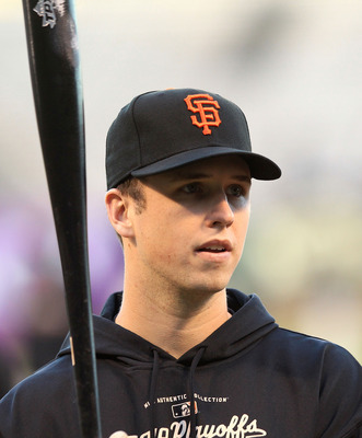 Buster Posey during batting practice before a World Series game