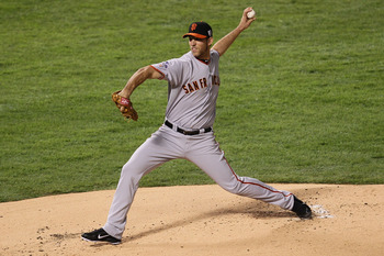 ARLINGTON, TX - OCTOBER 31:  Starting pitcher Madison Bumgarner #40 of the San Francisco Giants pitches against the Texas Rangers in Game Four of the 2010 MLB World Series at Rangers Ballpark in Arlington on October 31, 2010 in Arlington, Texas.  (Photo b