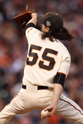 SAN FRANCISCO - OCTOBER 27:  Tim Lincecum #55 of the San Francisco Giants pitches against the Texas Rangers in Game One of the 2010 MLB World Series at AT&T Park on October 27, 2010 in San Francisco, California.  (Photo by Jed Jacobsohn/Getty Images)