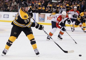 BOSTON, MA - JANUARY 26:  Michael Ryder #73 of the Boston Bruins takes a shot as Rostislav Olesz #85 of Florida Panthers defends on January 26, 2011 at the TD Garden in Boston, Massachusetts. The Bruins defeated the Panthers 2-1.  (Photo by Elsa/Getty Ima