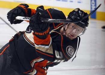 TORONTO, CANADA - JANUARY 20: Jason Blake #33 of the Anaheim Ducks shoots during warmup before game action at the Air Canada Centre against the Toronto Maple Leafs January 20, 2011 in Toronto, Ontario, Canada. (Photo by Abelimages/Getty Images)
