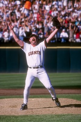 27 Sep 1997:  Closer Rod Beck of the San Francisco Giants celebrates on the mound after the Giants 6-1 victory over the San Diego Padres at 3Com Park in San Francisco, California.  The victory clinched the National League West title for the Giants and sen