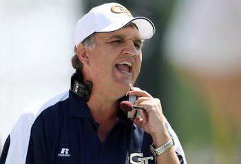 CHAPEL HILL, NC - SEPTEMBER 18:  Head coach Paul Johnson of the Georgia Tech Yellow Jackets watches on against the North Carolina Tar Heels during their game at Kenan Stadium on September 18, 2010 in Chapel Hill, North Carolina.  (Photo by Streeter Lecka/