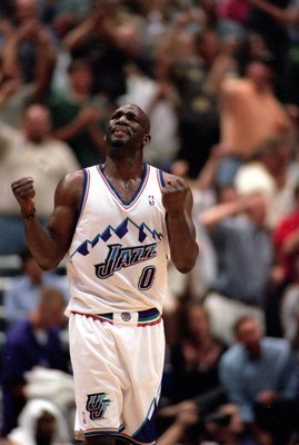 5 May 2000:  Olden Polynice #0 of the Utah Jazz celebrates during the NBA Western Conference Playoffs Round One Game against the Seattle SuperSonics at the Delta Center in Salt Lake City, Utah. The Jazz defeated the SuperSonics 96-93.  NOTE TO USER: It is