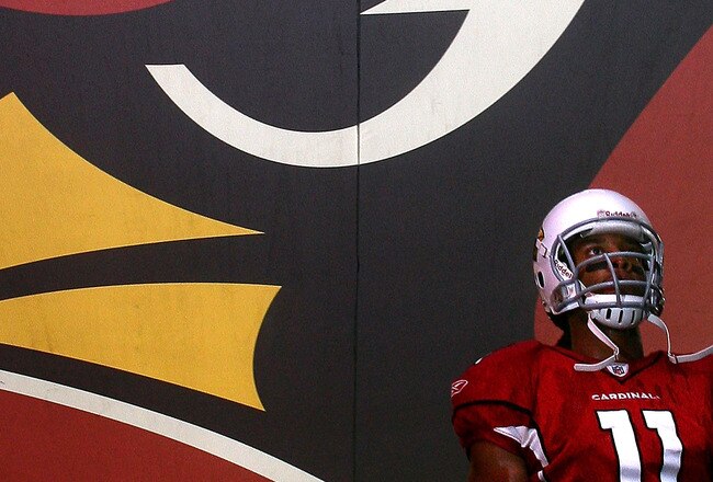 GLENDALE, AZ - OCTOBER 05: Wide Receiver Larry Fitzgerald #11 of the Arizona Cardinals in the tunnel before the start against the Buffalo Bills during the first half of their NFL Game on October 5, 2008 at Stadium in Glendale, Arizona. (Photo by Donald Mi
