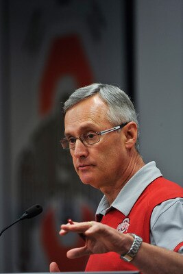 COLUMBUS, OH - MARCH 30:  Head Coach Jim Tressel speaks to the media during a press conference before the start of Spring practices at the Woody Hayes Athletic Center at The Ohio State University on March 30, 2011 in Columbus, Ohio. (Photo by Jamie Sabau/