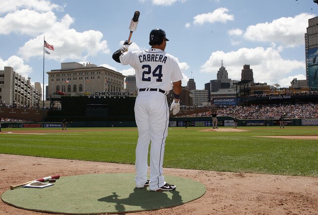 DETROIT - JULY 25:  Miguel Cabrera #24 of the Detroit Tigers gets ready to bat during the first inning against the Toronto Blue Jays on July 25, 2010 at Comerica Park in Detroit, Michigan. The Blue Jays defeated the Tigers 5-3.  (Photo by Leon Halip/Getty