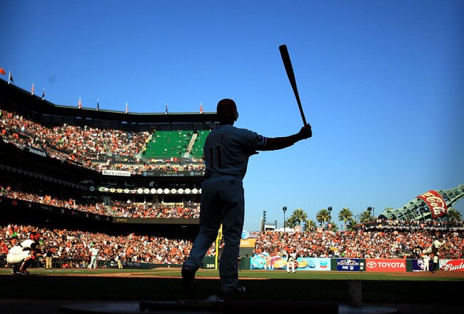 SAN FRANCISCO - OCTOBER 19:  Jimmy Rollins #11 of the Philadelphia Phillies stands in the on-deck circle prior to his at-bat against the San Francisco Giants in Game Three of the NLCS during the 2010 MLB Playoffs at AT&T Park on October 19, 2010 in San Fr