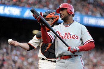 SAN FRANCISCO - OCTOBER 20:  Ben Francisco #10 of the Philadelphia Phillies reacts after striking out in the second inning of Game Four of the NLCS against the San Francisco Giants during the 2010 MLB Playoffs at AT&T Park on October 20, 2010 in San Franc