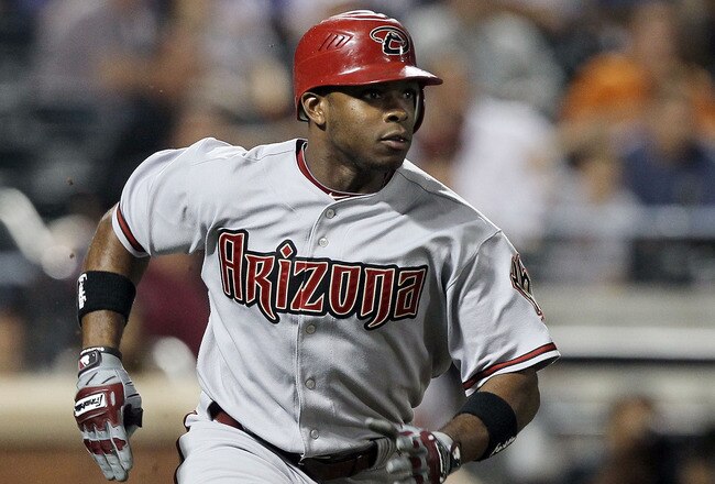 NEW YORK - JULY 31:  Justin Upton #10 of the Arizona Diamondbacks runs after hitting a seventh inning two run single against the New York Mets on July 31, 2010 at Citi Field in the Flushing neighborhood of the Queens borough of New York City.  (Photo by J