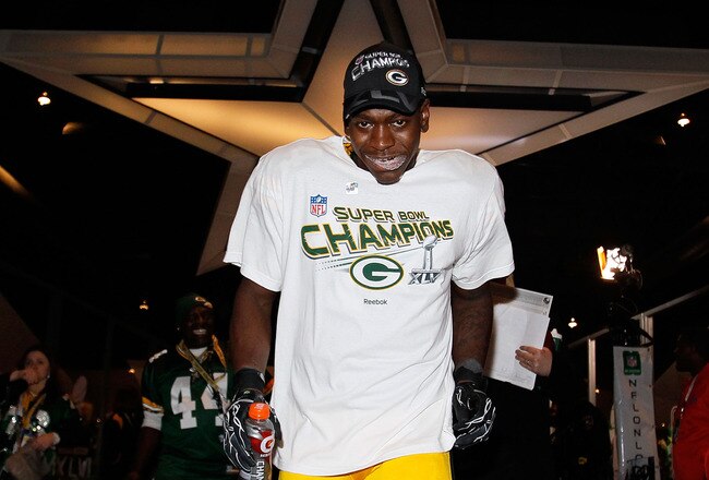 ARLINGTON, TX - FEBRUARY 06:  James Starks #44 of the Green Bay Packers celebrates after they defeated the Pittsburgh Steelers 31 to 25 during Super Bowl XLV at Cowboys Stadium on February 6, 2011 in Arlington, Texas.  (Photo by Kevin C. Cox/Getty Images)