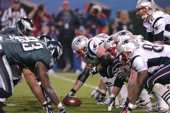 The line of scrimmage during Super Bowl XXXIX between the Philadelphia Eagles and the New England Patriots at Alltel Stadium in Jacksonville, Florida on February 6, 2005.  (Photo by Al Messerschmidt/Getty Images)