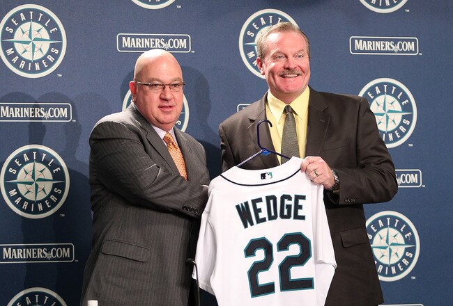 SEATTLE - OCTOBER 19:  New manager Eric Wedge (R) of the Seattle Mariners is introduced to the media by Executive Vice President & GM Jack Zduriencik at Safeco Field on October 19, 2010 in Seattle, Washington. (Photo by Otto Greule Jr/Getty Images)
