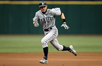 ST PETERSBURG, FL - SEPTEMBER 26: Ichiro Suzuki #51 of the Seattle Mariners heads to third base against the Tampa Bay Rays at Tropicana Field on September 26, 2010 in St. Petersburg, Florida. (Photo by Eliot J. Schechter/Getty Images)