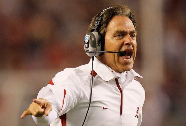 TUSCALOOSA, AL - OCTOBER 16:  Head coach Nick Saban of the Alabama Crimson Tide yells at the officials after a hit by the Ole Miss Rebels at Bryant-Denny Stadium on October 16, 2010 in Tuscaloosa, Alabama.  (Photo by Kevin C. Cox/Getty Images)