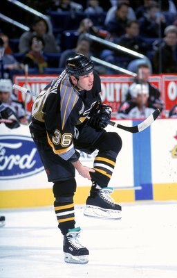 30 Nov 1999: Matthew Barnaby #36 of the Pittsburgh Penguins adjusts his pant legs during the game against the Buffalo Sabres at the Marine Midland Arena in Buffalo, New York. The Penguins defeated the Sabres 4-1. Mandatory Credit: Rick Stewart  /Allsport
