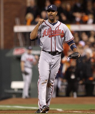 SAN FRANCISCO - OCTOBER 07:  Derrek Lee #27 of the Atlanta Braves pumps his fist after Pablo Sandoval #48 of the San Francisco Giants grounded in to a double play to end the sixth inning during game 1 of the NLDS at AT&T Park on October 7, 2010 in San Fra