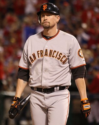 ARLINGTON, TX - OCTOBER 31:  Aubrey Huff #17 of the San Francisco Giants reacts to striking out to end the fifth inning of Game Four of the 2010 MLB World Series against the Texas Rangers at Rangers Ballpark in Arlington on October 31, 2010 in Arlington,