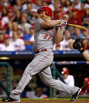 PHILADELPHIA - OCTOBER 08:  Scott Rolen #27 of the Cincinnati Reds strikes out  in Game 2 of the NLDS in front of Carlos Ruiz #51 of the Philadelphia Phillies at Citizens Bank Park on October 8, 2010 in Philadelphia, Pennsylvania.  (Photo by Jeff Zelevans