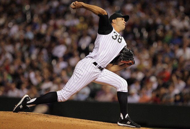 DENVER - SEPTEMBER 27:  Starting pitcher Ubaldo Jimenez #38 of the Colorado Rockies works against the Los Angeles Dodgers at Coors Field on September 25, 2010 in Denver, Colorado. Jiimenez failed to earn his 20th win of the season as the Dodgers defeated 
