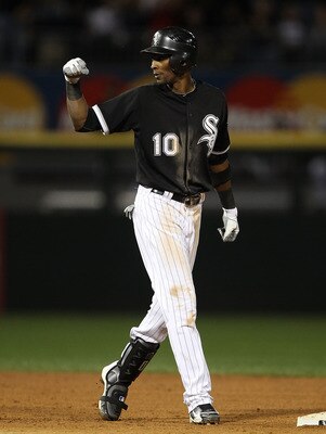 CHICAGO - SEPTEMBER 14: Alexei Ramirez #10 of the Chicago White Sox celebrates hitting a two-run single in the 5th inning against the Minnesota Twins at U.S. Cellular Field on September 14, 2010 in Chicago, Illinois. (Photo by Jonathan Daniel/Getty Images