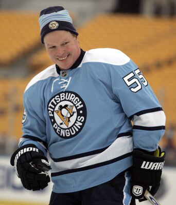 PITTSBURGH, PA - DECEMBER 31:  Larry Murphy #55 of the Pittsburgh Penguins skates against the Washington Capitals during the 2011 NHL Winter Classic Alumni Game on December 31, 2010 at Heinz Field in Pittsburgh, Pennsylvania.  (Photo by Justin K. Aller/Ge