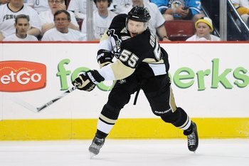 PITTSBURGH - MAY 2:  Sergei Gonchar #55 of the Pittsburgh Penguins shoots the puck against the Montreal Canadiens in Game Two of the Eastern Conference Semifinals during the 2010 NHL Stanley Cup Playoffs on May 2, 2010 at Mellon Arena in Pittsburgh, Penns