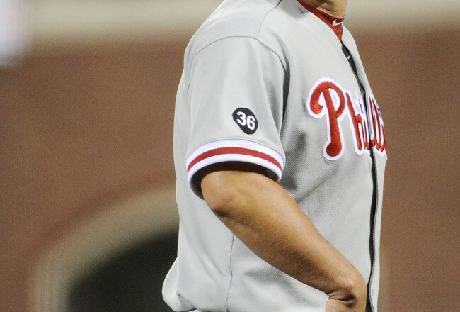 SAN FRANCISCO - OCTOBER 20:  Joe Blanton #56 of the Philadelphia Phillies reacts in the fifth inning of Game Four of the NLCS against the San Francisco Giants during the 2010 MLB Playoffs at AT&T Park on October 20, 2010 in San Francisco, California.  (Ph