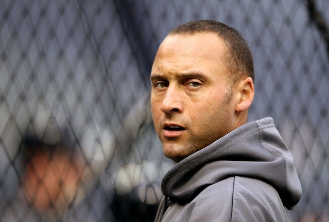 NEW YORK - OCTOBER 20:  Derek Jeter #2 of the New York Yankees looks on during batting practice against the Texas Rangers in Game Five of the ALCS during the 2010 MLB Playoffs at Yankee Stadium on October 20, 2010 in the Bronx borough of New York City.  (