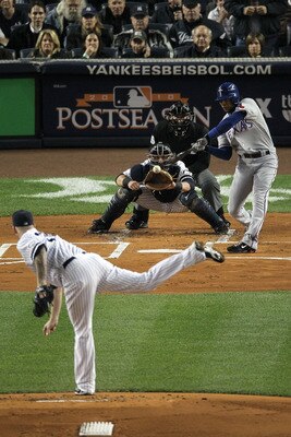 NEW YORK - OCTOBER 19:  Elvis Andrus #1 of the Texas Rangers bats against the New York Yankees in Game Four of the ALCS during the 2010 MLB Playoffs at Yankee Stadium on October 19, 2010 in the Bronx borough of New York City.  (Photo by Al Bello/Getty Ima