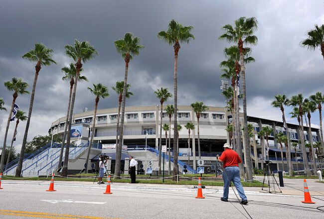 TAMPA, FL - JULY 13:   Television news crews set up outside of George M. Steinbrenner Field, after the death of George Steinbrenner on July 13, 2010 in Tampa, Florida. Blish is a New York native who says Steinbrenner's greatest contributions were the ones