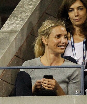NEW YORK - SEPTEMBER 06:  Actor Cameron Diaz watches Roger Federer of Switzerland play against Jurgen Melzer of Austria during day eight of the 2010 U.S. Open at the USTA Billie Jean King National Tennis Center on September 6, 2010 in the Flushing neighbo