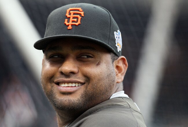 SAN FRANCISCO - OCTOBER 27:  Pablo Sandoval #48 of the San Francisco Giants smiles during batting practice before Game One of the 2010 MLB World Series against the Texas Rangers at AT&T Park on October 27, 2010 in San Francisco, California.  (Photo by Els