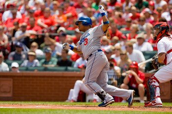 ST. LOUIS - JULY 18: Ronnie Belliard #3 of the Los Angeles Dodgers in action against the St. Louis Cardinals at Busch Stadium on July 18, 2010 in St. Louis, Missouri.  (Photo by Dilip Vishwanat/Getty Images)