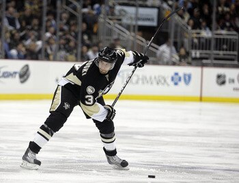 PITTSBURGH, PA - FEBRUARY 02:  Alex Goligoski #3 of the Pittsburgh Penguins winds up for a shot against the New York Islanders at Consol Energy Center on February 2, 2011 in Pittsburgh, Pennsylvania.  (Photo by Justin K. Aller/Getty Images)