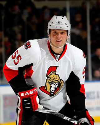 UNIONDALE, NY - FEBRUARY 05:  Sergei Gonchar #55 of the Ottawa Senators waits for a faceoff during an NHL hockey game against the New York Islanders at Nassau Coliseum on February 5, 2011 in Uniondale, New York.  (Photo by Paul Bereswill/Getty Images)