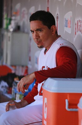 ANAHEIM, CA - AUGUST 11:  Pitcher Brian Fuentes #40 of the Los Angeles Angels of Anaheim looks on against the Kansas City Royals at Angel Stadium on August 11, 2010 in Anaheim, California.  (Photo by Jeff Gross/Getty Images)