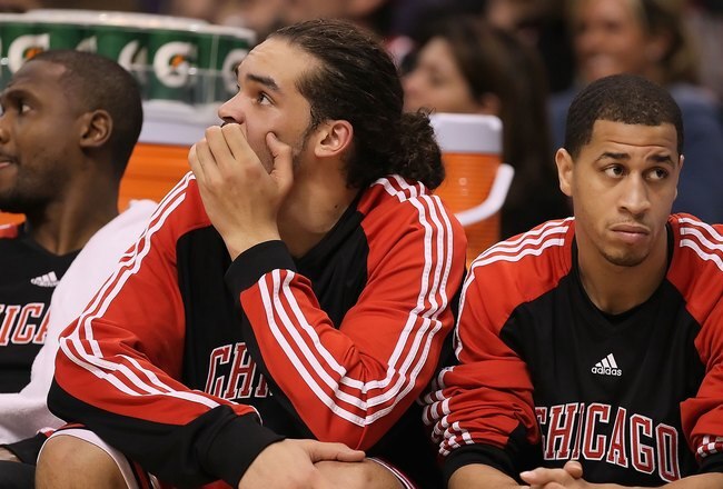 PHOENIX - JANUARY 22:  Joakim Noah #13 and Jannero Pargo #2 of the Chicago Bulls on the bench during the NBA game against the Phoenix Suns at US Airways Center on January 22, 2010 in Phoenix, Arizona. The Bulls defeated the Suns 115-104.  NOTE TO USER: Us