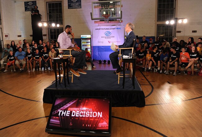GREENWICH, CT - JULY 08:  LeBron James and ESPN's Jim Gray speak at the LeBron James announcement of his future NBA plans at the  Boys & Girls Club of America on July 8, 2010 in Greenwich, Connecticut.  (Photo by Larry Busacca/Getty Images for Estabrook G