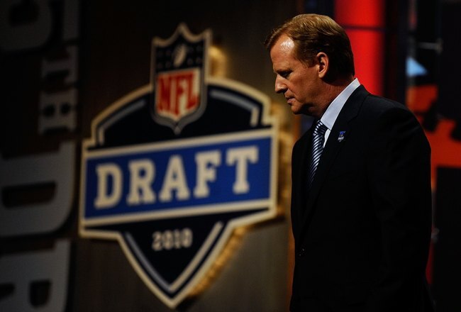 NEW YORK - APRIL 22:  NFL Commissioner Roger Goodell looks on as he stands on stage during the first round of the 2010 NFL Draft at Radio City Music Hall on April 22, 2010 in New York City.  (Photo by Jeff Zelevansky/Getty Images)