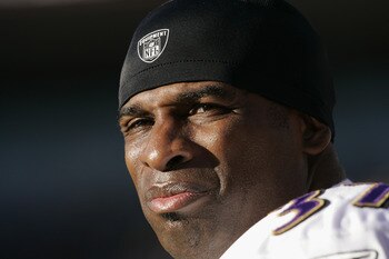 DENVER - DECEMBER 11:  Cornerback Deion Sanders #37 of the Baltimore Ravens watches the game against the Denver Broncos on December 11, 2005 at Invesco Field at Mile High in Denver, Colorado.  The Broncos won 12-10.  (Photo by Brian Bahr/Getty Images)