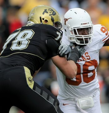 BOULDER, CO - OCTOBER 04:  Brian Orakpo #98 of the Texas Longhorns rushes against Nate Solder #78 the Colorado Buffaloes at Folsom Field on October 4, 2008 in Boulder, Colorado. Texas defeated Colorado 38-14.  (Photo by Doug Pensinger/Getty Images)