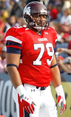 MOBILE, AL - JANUARY 29:Offensive lineman Derek Sharrod #79 of the South Team during  the Under Armour Senior Bowl on January 29, 2011 at Ladd-Pebbles Stadium in Mobile, Alabama. (Photo by Sean Gardner/Getty Images for Under Armour)