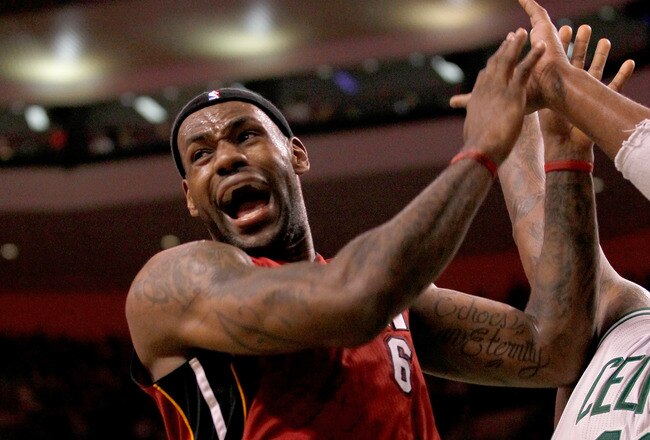 BOSTON - FEBRUARY 13:  LeBron James #6 of the Miami Heat reacts when an official failed to call a foul against the Boston Celtics at TD Garden on February 13, 2011 in Boston, Massachusetts. The Celtics won 85-82. NOTE TO USER: User expressly acknowledges