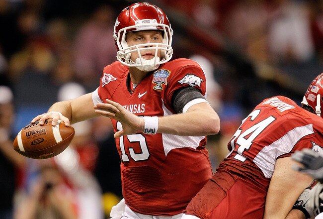 NEW ORLEANS, LA - JANUARY 04:  Quarterback Ryan Mallett #15 of the Arkansas Razorbacks looks to pass against the Ohio State Buckeyes during the Allstate Sugar Bowl at the Louisiana Superdome on January 4, 2011 in New Orleans, Louisiana.  (Photo by Matthew