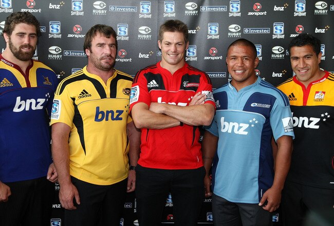 AUCKLAND, NEW ZEALAND - FEBRUARY 08: New Zealand Super Rugby Captains (L-R) Jamie McIntosh of the Highlanders, Andrew Hore of the Hurricanes, Richie McCaw of the Crusaders, Keven Mealamu of the Blues and Mils Muliaina of the Chiefs pose during the 2011 Su