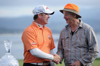 PEBBLE BEACH, CA - FEBRUARY 13:  D.A Points is congratulated by his playing partner actor Bill Murray after the final round of the AT&T Pebble Beach National Pro-Am at Pebble Beach Golf Links on February 13, 2011  in Pebble Beach, California.  (Photo by S